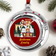 Personalized Christmas House Family Name Any Text Metal Snowflake Red Crystal Round Ornament