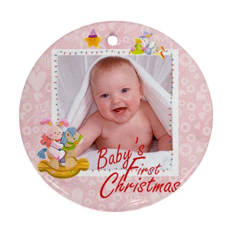 Blanky Bunny Pink Baby s First Christmas Round Ornament By Catvinnat Front
