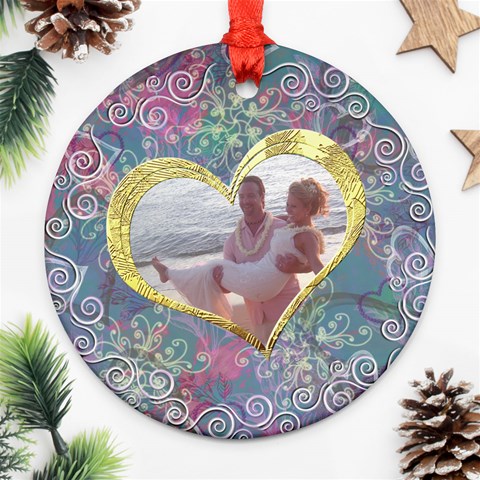 Love I Heart You Blue Pink Gold Frame Ornament Round By Ellan Front