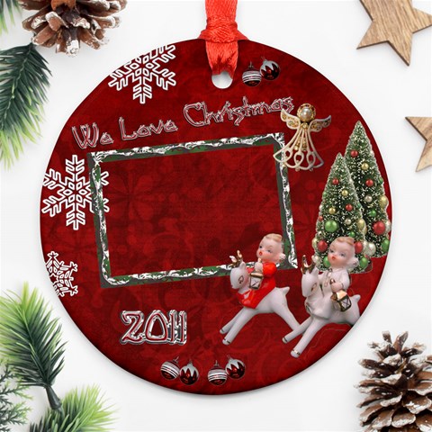 Children Riding Reindeer 2024 Ornament Round By Ellan Front