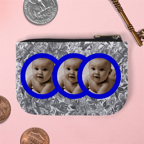 Triplets Blue Frame Grey Floral Mini Coin Purse By Catvinnat Back