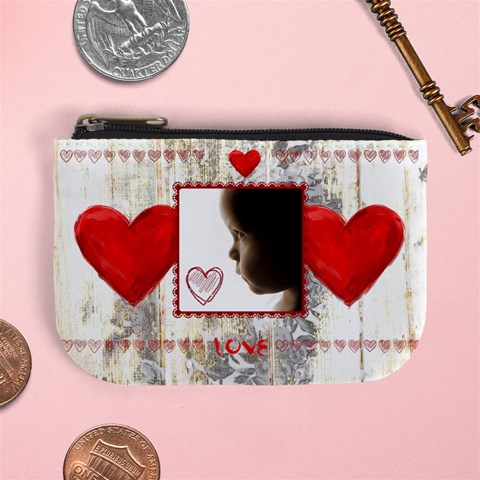 Love Hearts Weathered Floral Wood Mini Coin Purse Mini Coin Purse By Catvinnat Front