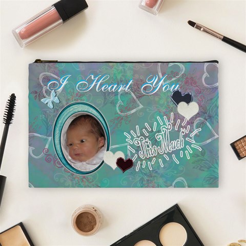 I Heart You This Much Baby Blue Aqua2 Large Cosmetic Bag By Ellan Front