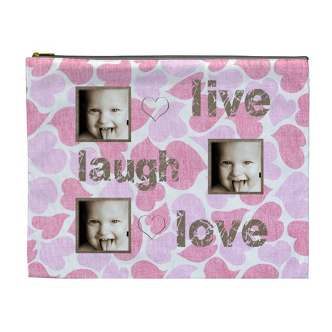 Pink Hearts Live, Laugh, Love Extra Large Cosmetic Bag By Catvinnat Front