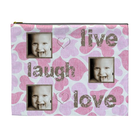 Pink Hearts Live, Laugh, Love Extra Large Cosmetic Bag By Catvinnat Front