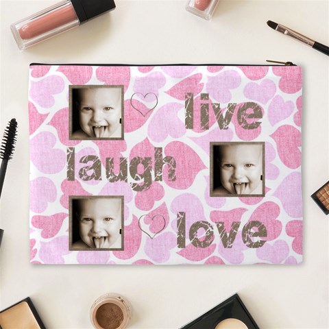 Pink Hearts Live, Laugh, Love Extra Large Cosmetic Bag By Catvinnat Back