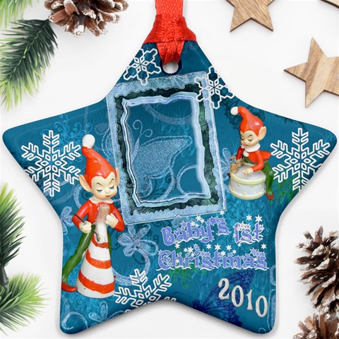 Elf Elves Baby s 1st Christmas Blue2 0240 Ornament  130 By Ellan Front