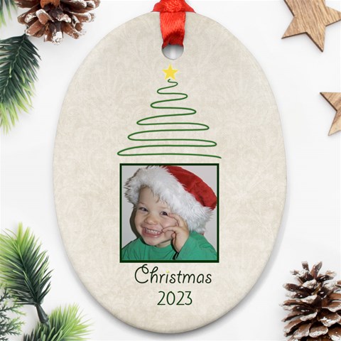 Christmas Oval Ornament Cream Damask By Mim Front