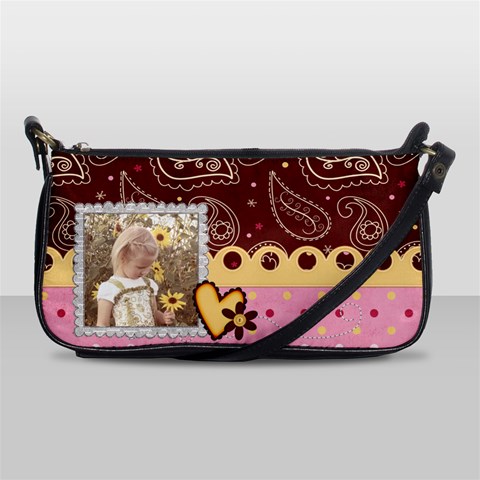 Brown, Pink, And Yellow, Heart Shoulder Clutch By Sheena Front