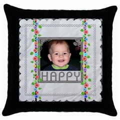 Happy Throw Pillow - Throw Pillow Case (Black)