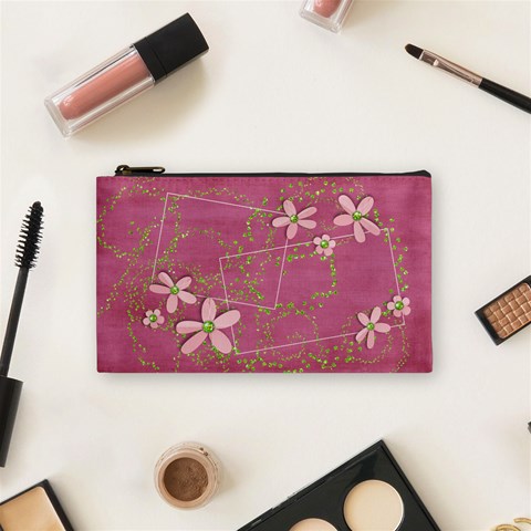 Tiny Pink Flowers Cosmetic Bag By Mikki Front