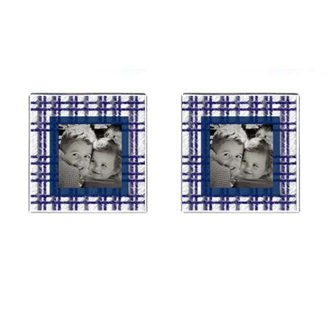 Blue Plaid Picture Cufflinks By Heatherr Front(Pair)