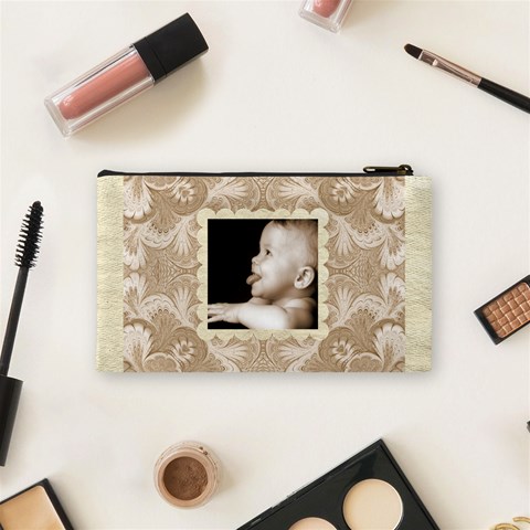 Taupe Damask Small Cosmetic Bag By Catvinnat Back