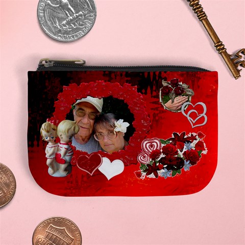Valentine Boy Girl Red Hearts N Roses Mini Coin Purse  By Ellan Front