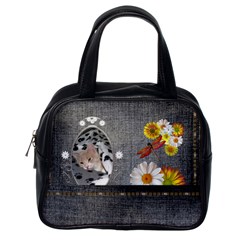 Black Denim Floral Classic Handbag - Classic Handbag (One Side)