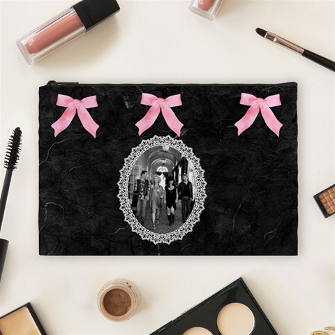 Black & Pink Bow Lg Cosmetic Bag By Kim White Front