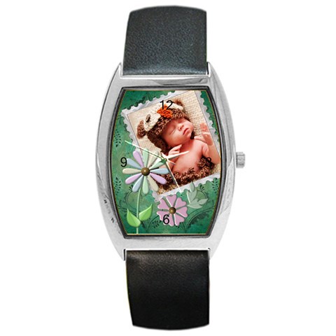 Green Floral Barrel Style Metal Watch By Lil Front