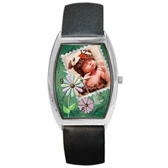 Green Floral Barrel Style Metal Watch