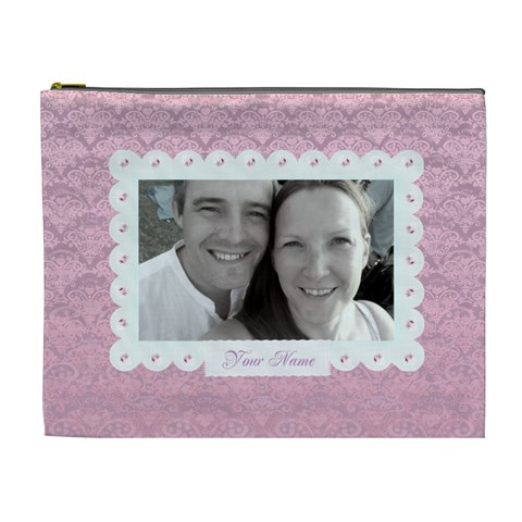Pink And Violet Heart Classic Toile Love Cosmetic Bag Xl By Claire Mcallen Front