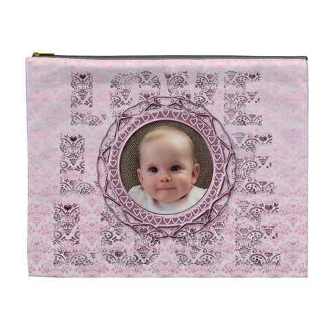 Pink Love Heart Classic Toile Love Cosmetic Bag Xl By Claire Mcallen Front