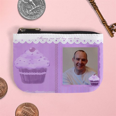 Money Can Not Buy Our Love Purple Cupcake Mini Coin Purse By Claire Mcallen Front