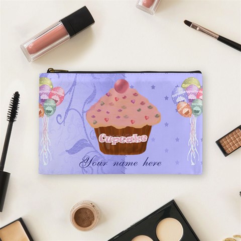 Pink Cupcake With Blue Background Cosmetic Bag By Claire Mcallen Front