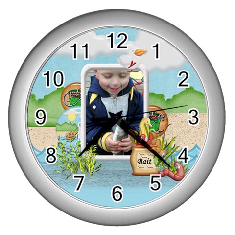 Gone Fishing Silver Wall Clock1 By Spg Front