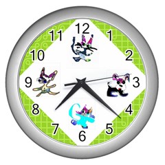 cats and dogs green clock - Wall Clock (Silver)