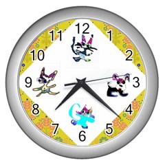 cats and dogs yellow clock - Wall Clock (Silver)