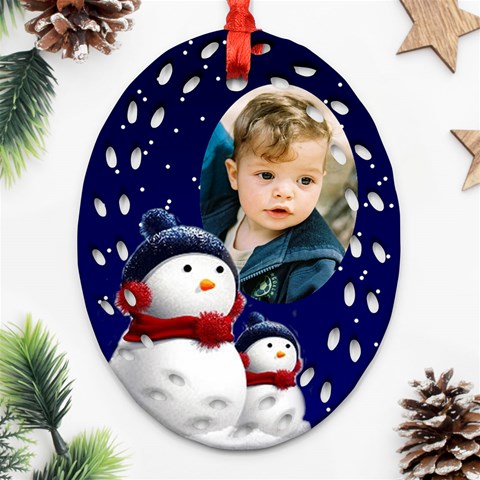 Snowmen Filigree Oval Ornament (2 Sided) By Deborah Front