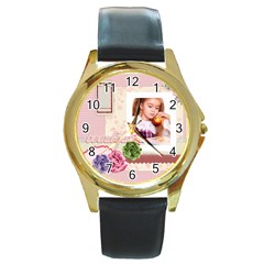 pink - Round Gold Metal Watch