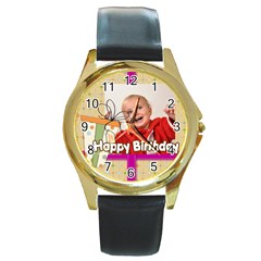 happy birthday - Round Gold Metal Watch