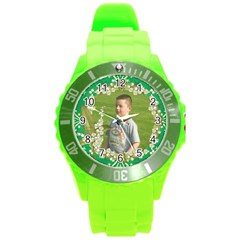 green sport watch large floral frame - Round Plastic Sport Watch (L)