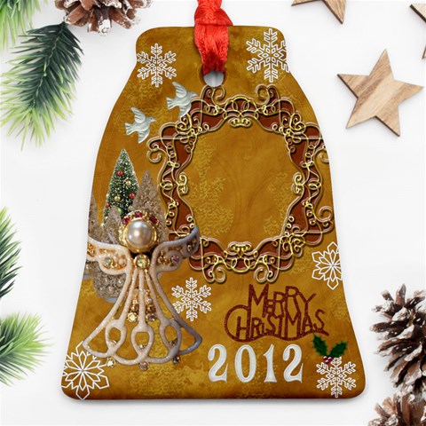 Gold Angel Merry Christmas 2024 Bell Ornament By Ellan Front