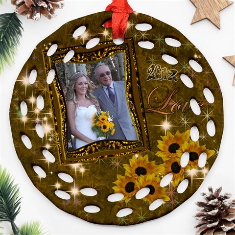 Gold Love Sunflower Round Filligree Ornament By Ellan Front
