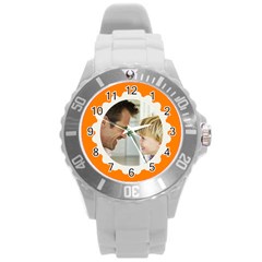 Orange/White Photo Frame Watch - Round Plastic Sport Watch (L)