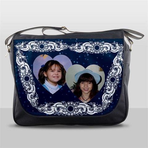 Blue And White Double Heart Messenger Bag By Kim Blair Front