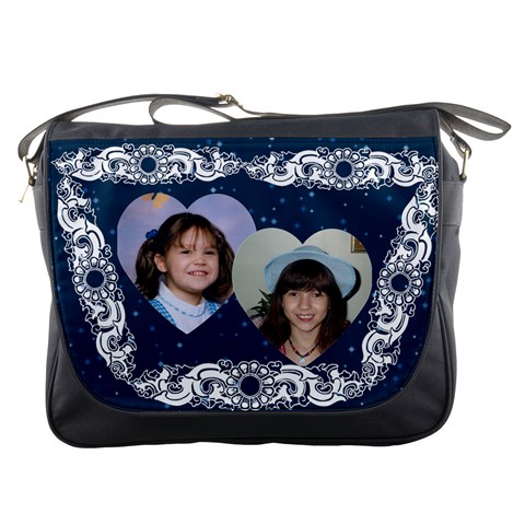 Blue And White Double Heart Messenger Bag By Kim Blair Front
