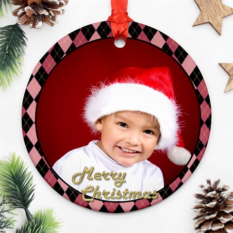 Christmas Pink Checker Round Ornament (2 Sided) By Deborah Front