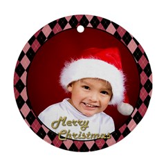 Christmas Pink Checker Round Ornament (2 sided) - Round Ornament (Two Sides)