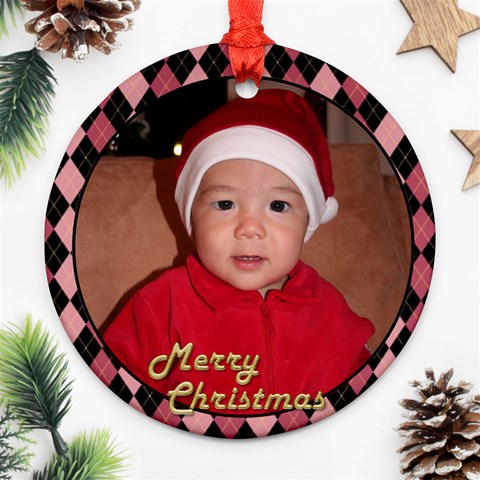 Christmas Pink Checker Round Ornament (2 Sided) By Deborah Back