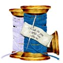 white and blue spool of thread