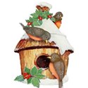 bird house with snow and birds